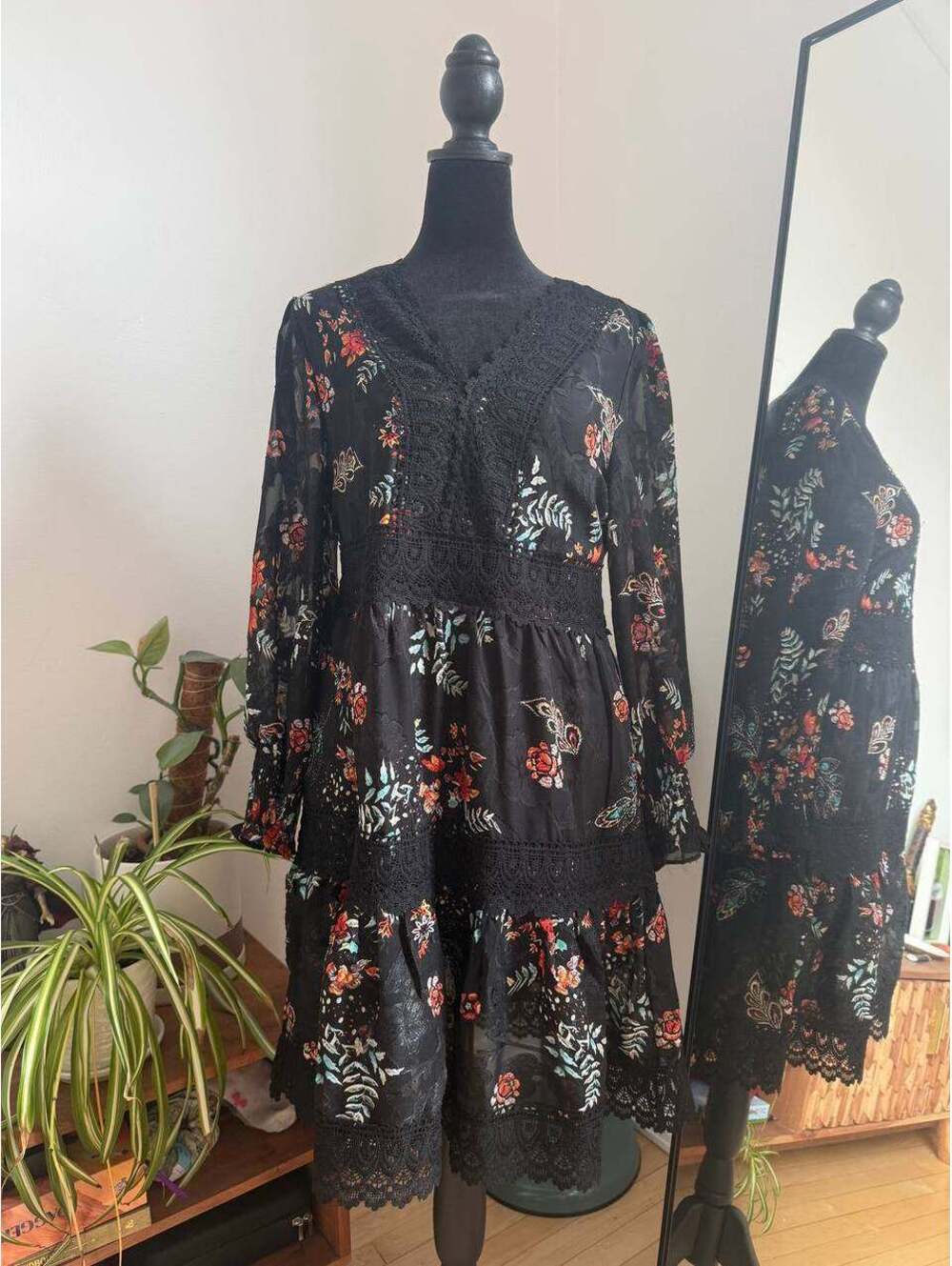 Boho Floral Tiered Mini Dress, Size S